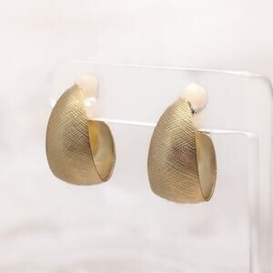 Vintage Clip On Earrings Large Gold Tone Textured Pattern Elongated Hoops